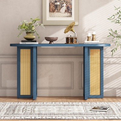 47" Wooden Entryway Console Table,Console Table with Rubber Solid Wood Legs,Farmhouse Rattan Narrow Console Table For Living Room-Cuddlewood