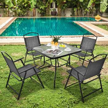 Costway Patio Dining Set for 4 Folding Chairs & Dining Table Set with Umbrella Hole