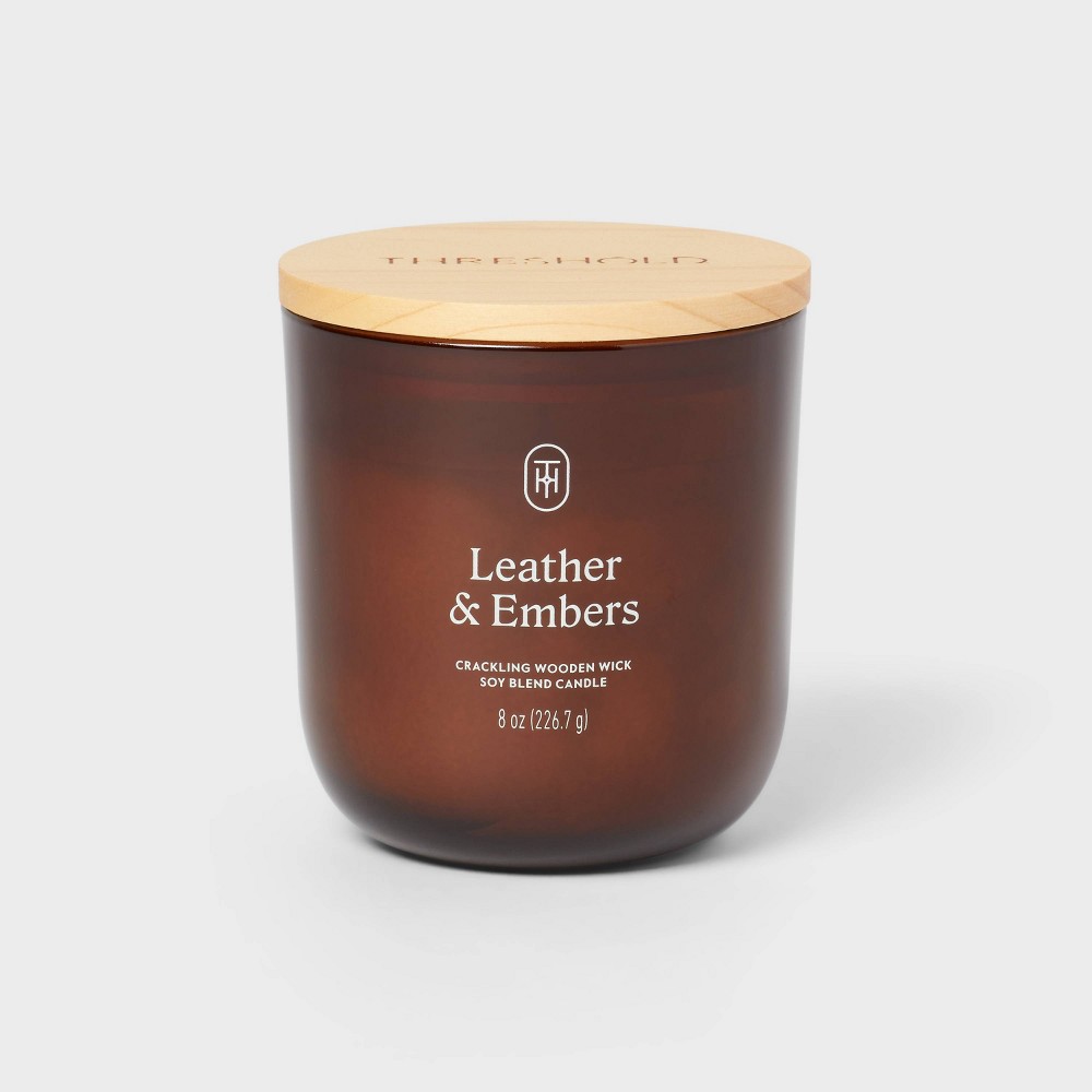 Photos - Other Decoration Amber Glass Wooden Wick Leather and Embers Jar Candle 8oz - Threshold™