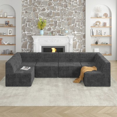 130.32" Modern Minimalist Corduroy U-Shape Modular Sectional Sofa, No Assembly Needed, 6-piece Free Combination Sofa