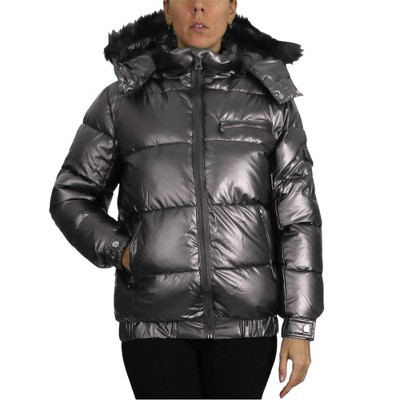 Spire By Galaxy Women's Full Zip Heavyweight Bubble Jacket With Detachable Faux Fur Hood