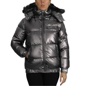 Spire By Galaxy Women's Full Zip Heavyweight Bubble Jacket With Detachable Faux Fur Hood - 1 of 3