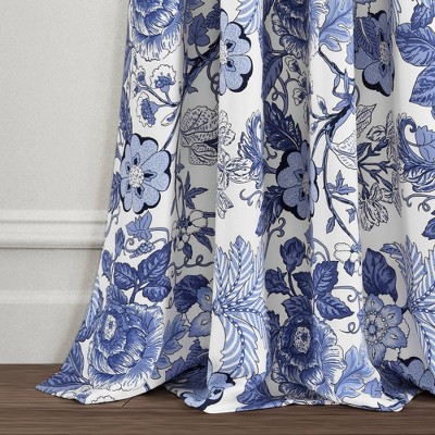 Navy and White Floral Blackout Polyester Curtain Panels