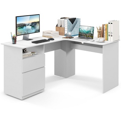 Tangkula 59" Corner Computer Desk L-Shaped Desk w/ Letter Size File Drawer & Open Shelf