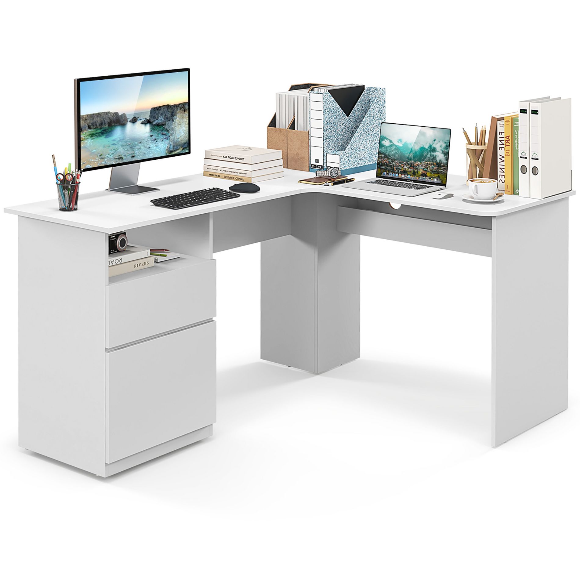 Tangkula 59" Corner Computer Desk L-Shaped Desk w/ Letter Size File Drawer & Open Shelf White