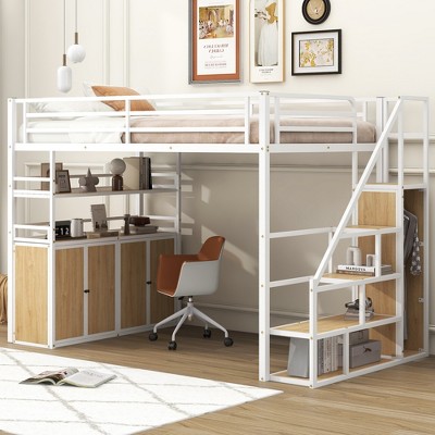 Full Size Metal Loft Bed with Storage Staircase and Wardrobe