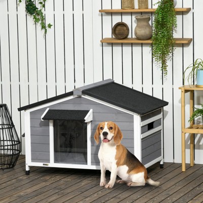 Outdoor Cabin-Style Dog House with Openable Roof, Gray, 31.1" H x 28.3" W x 42.9" D ¨C Medium Dogs (20¨C50 lbs)