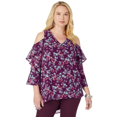 Roaman's Women's Plus Size Cold Shoulder Georgette Big Shirt