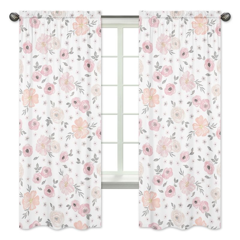 Sweet Jojo Designs Window Curtain Panels 84in. Watercolor Floral Pink and Grey, 1 of 6