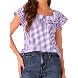 INSPIRE CHIC Women's Summer Square Neck Gingham Cap Sleeve Blouses - 1 of 4