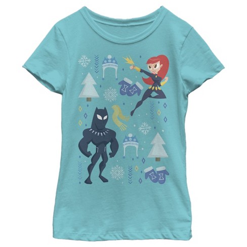 Girl\'s Marvel Christmas Black Widow & Panther T-shirt - Tahiti Blue - X  Large : Target