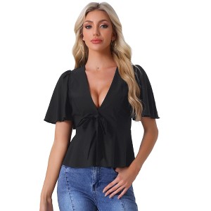 Allegra K Women's Peplum Ruffle Sleeve Bow Tie Decor Deep V Neck Tops - 1 of 4