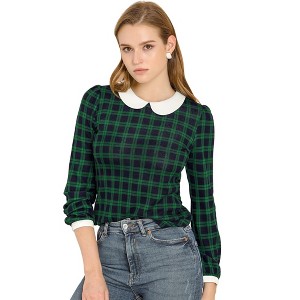 INSPIRE CHIC Women's Peter Pan Collar Contrast Puff Sleeve Plaid Blouse - 1 of 4