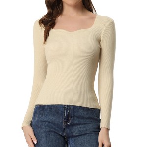 Allegra K Women's Sweetheart Neck Casual Long Sleeve Slim Fit Pullover Sweater - 1 of 4