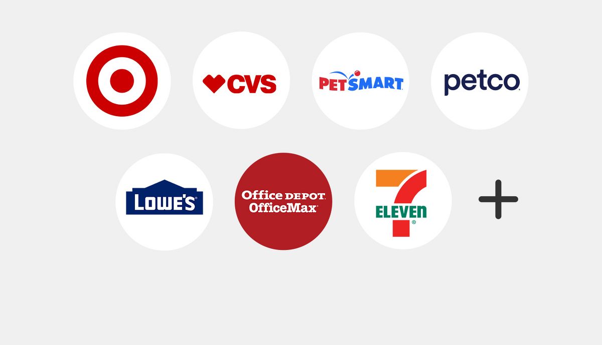 store logos: Target, CVS, PetSmart, Lowe's, Office Depot/Office Max. 7-Eleven +