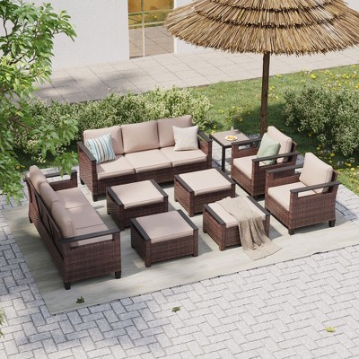 Sonkuki 9 Pieces Patio Sofa & Ottomans & Chair & Coffee Table Set, Conversation Couch with Cushion