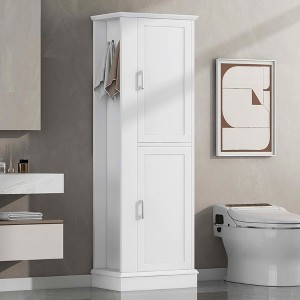 MAYEERTY Tall Bathroom Cabinet Freestanding Hook Adjustable Shelf MDF White - 1 of 4