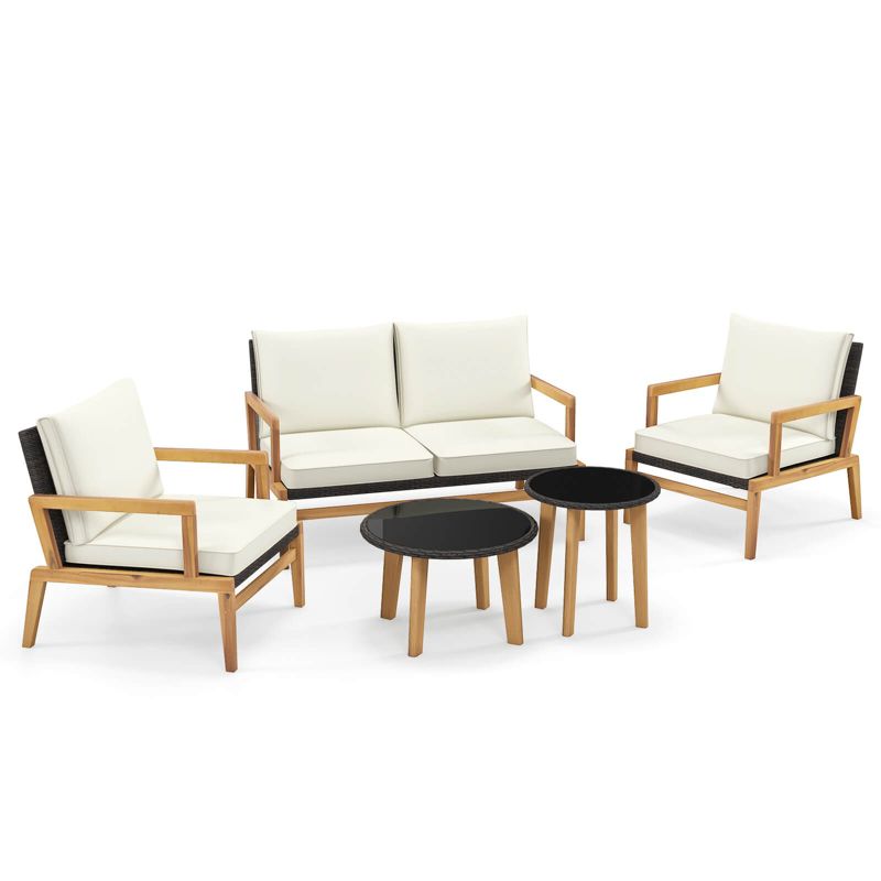 Tangkula 5 Piece Rattan Furniture Set w/ Wicker Woven Sofa Set & Solid Acacia Wood Frame, 1 of 5