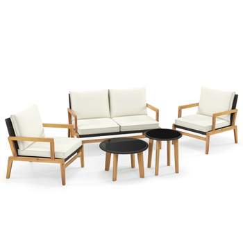 Tangkula 5 Piece Rattan Furniture Set w/ Wicker Woven Sofa Set & Solid Acacia Wood Frame