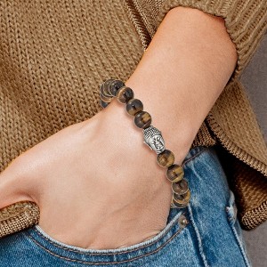 Chisel Stainless Steel Antiqued and Polished Buddha 8mm Tiger's Eye Beaded Stretch Bracelet - 1 of 4