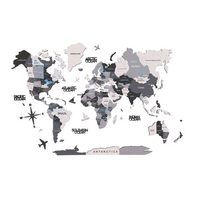 HomeRoots 35" X 59" Black Gray and White Wood World Map Hanging Dimensional Sculpture