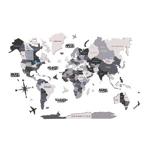 HomeRoots 35" X 59" Black Gray and White Wood World Map Hanging Dimensional Sculpture - 1 of 4