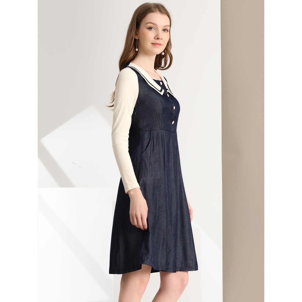 Женские платья INSPIRE CHIC Women's Chambray Contrast Collar Long Sleeve Denim Dresses X-Small Blue — фото 4