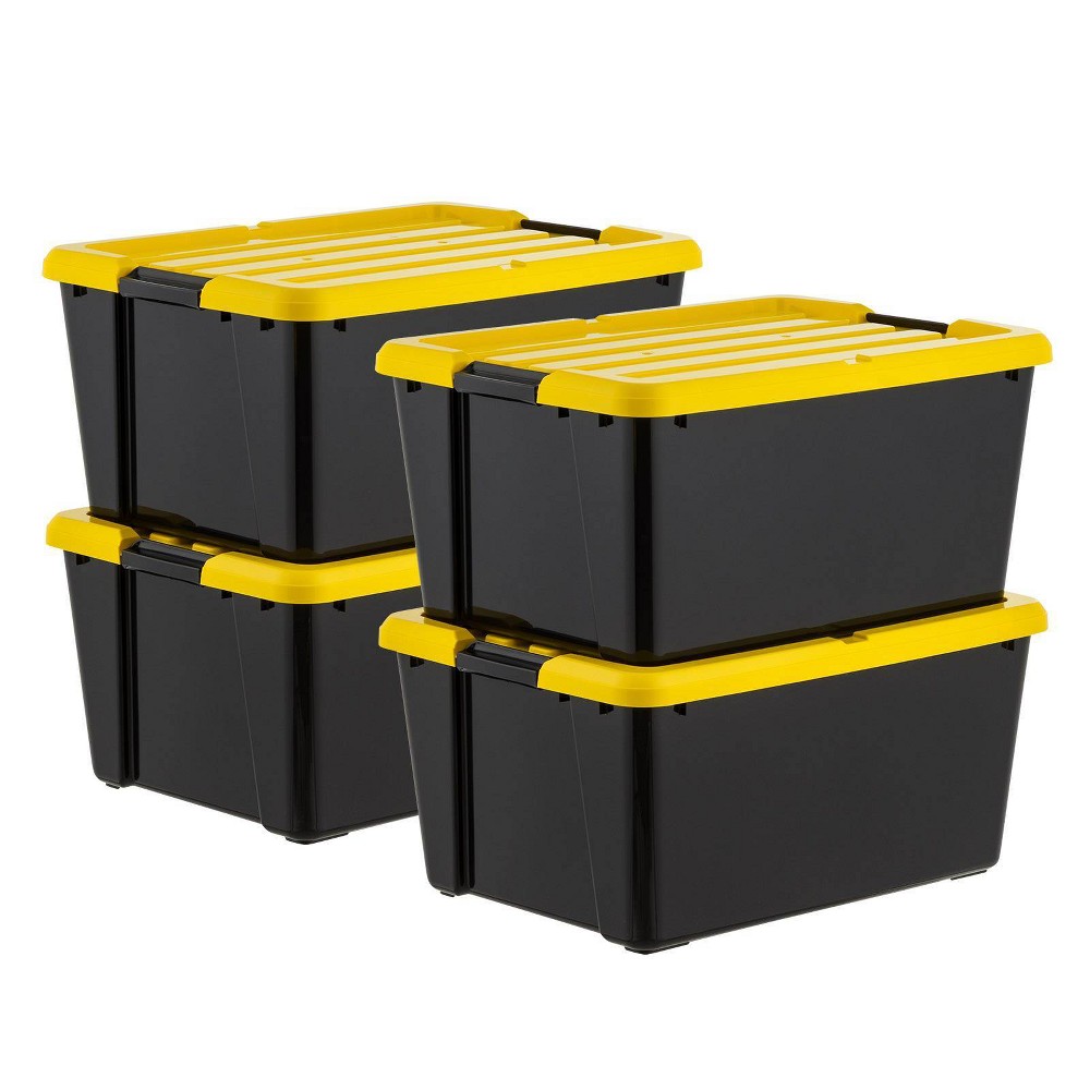 IRIS 4pk 45qt Plastic Storage Bins with Lids Black Yellow Latching Stackable Totes