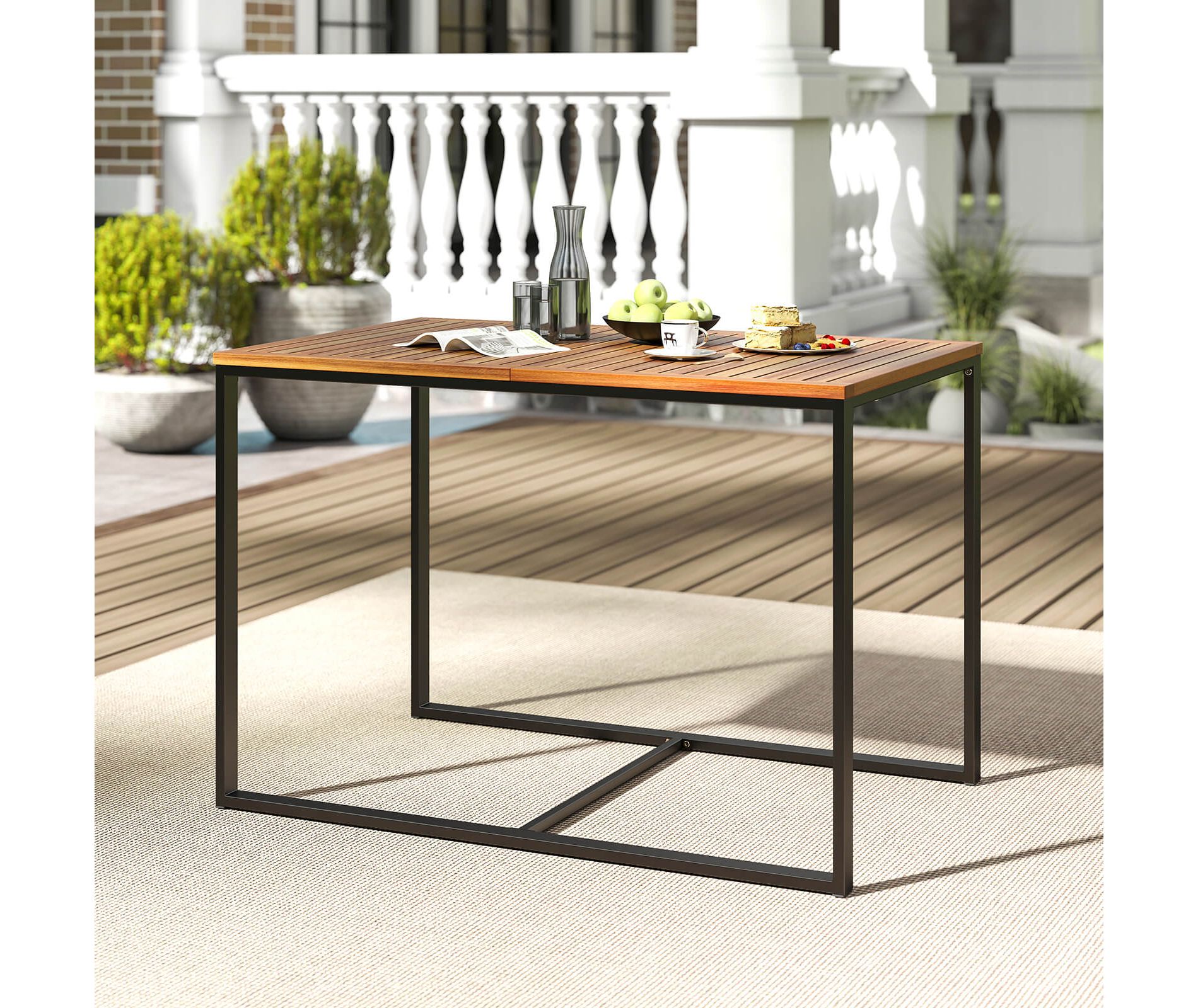 Costway 4-Person Acacia Wood Patio Dining Table with Metal Frame for Porch, Garden, Deck