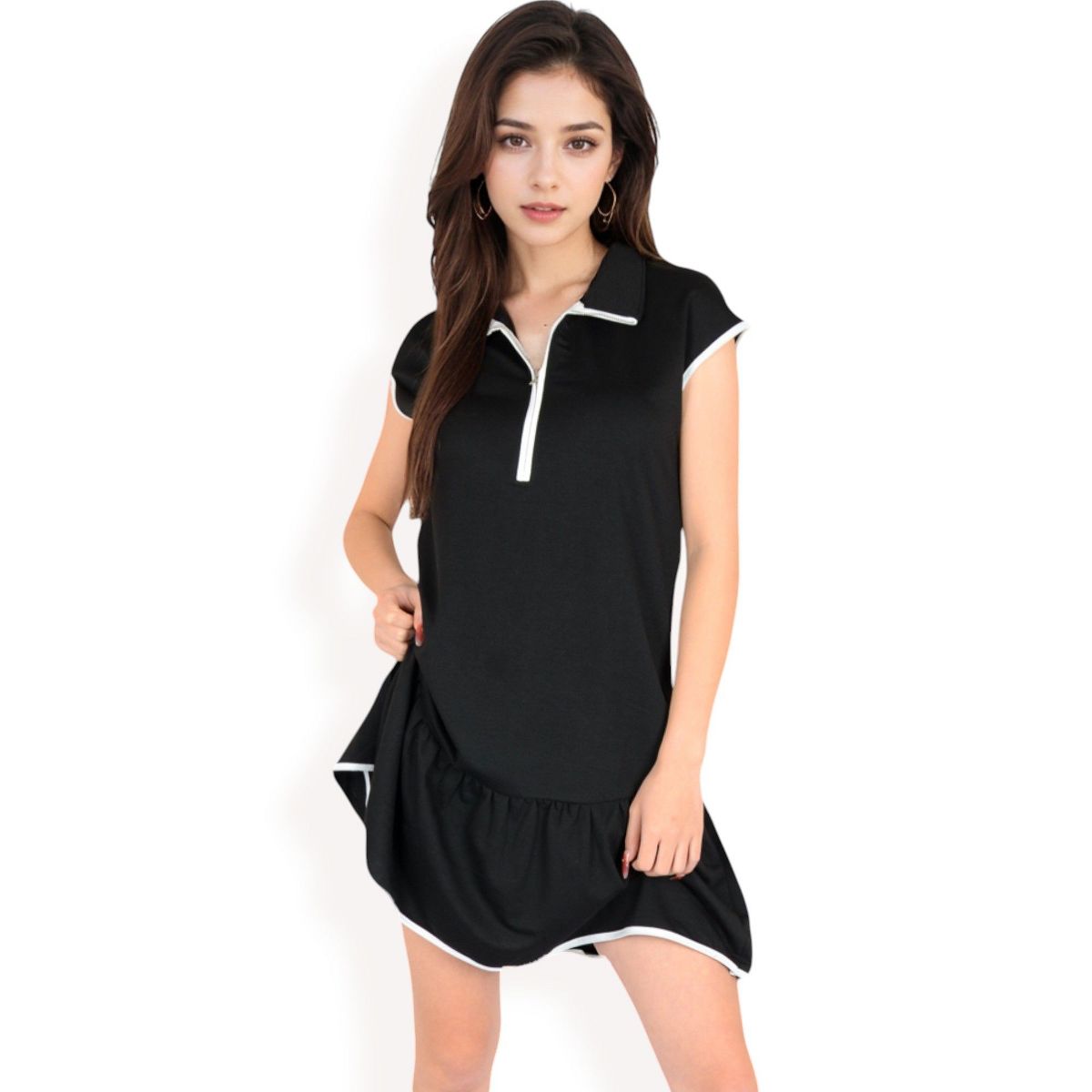 Anna-Kaci Women's Zip-Up Collared Dress with Ruffle Hem - thumbnail 3