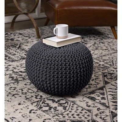 Charcoal Grey Hand-Woven Cotton Round Pouf Ottoman