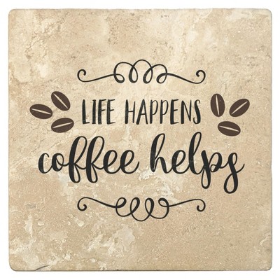 Christmas by Krebs Set of 4 Ivory and Black "LIFE HAPPENS coffee helps" Square Coasters 4"