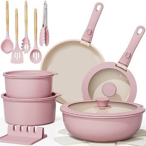 Aoibox 21-Piece Nonstick Ceramic Cookware Set with Detachable Handles, Oven & Induction Safe, Stackable for RV Kitchen, Pink - 1 of 4