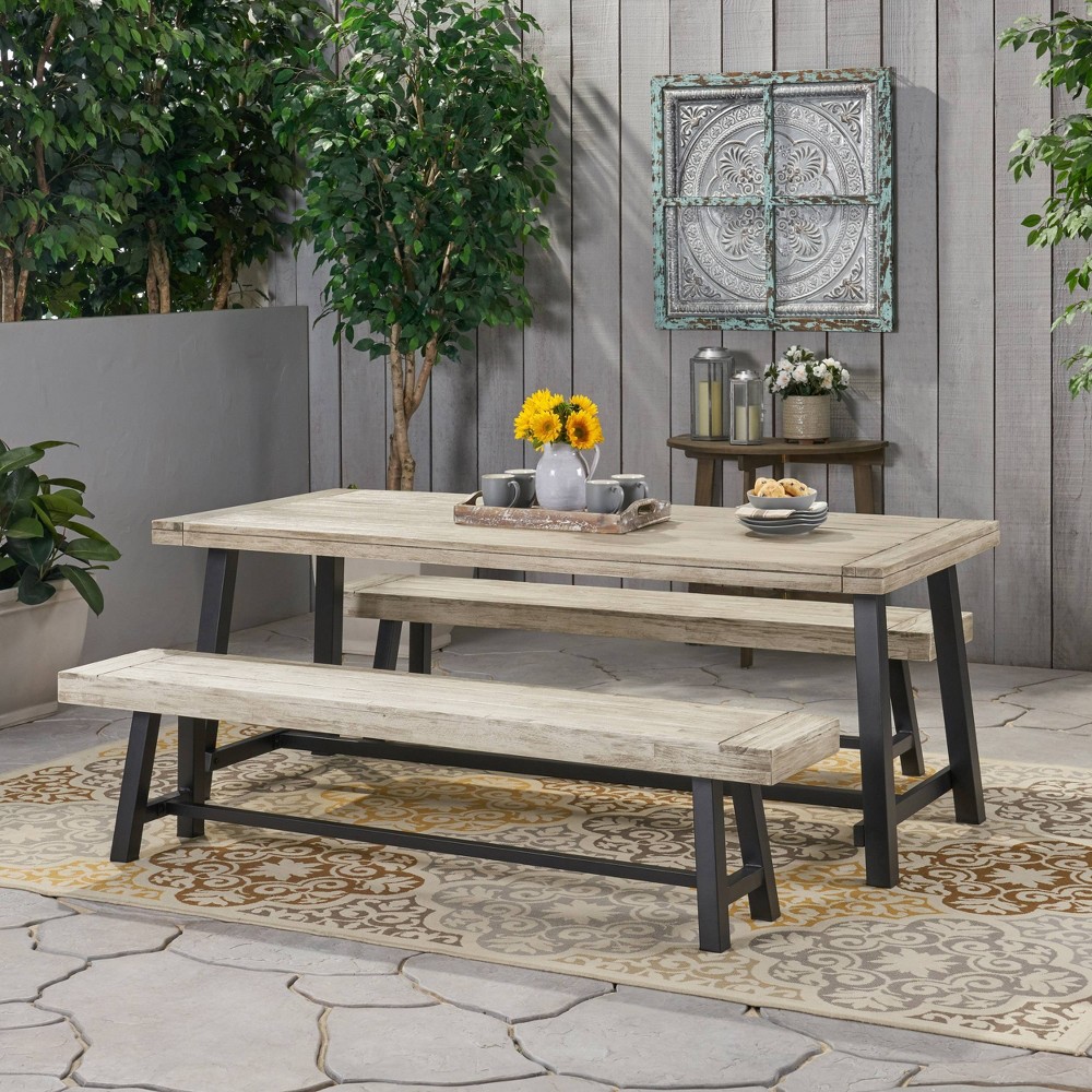 Photos - Dining Table Carlisle 3pc Acacia Wood Picnic Dining Set Sandblast Light Gray: Weather-R