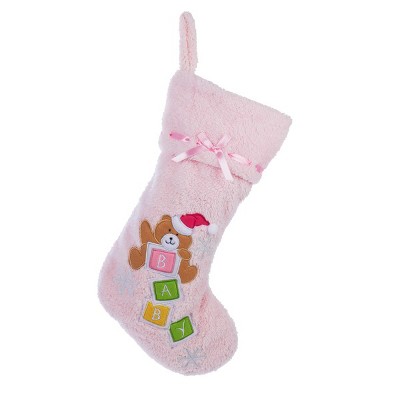 Kurt S. Adler 20.5" Pink "Baby" Girl Teddy Bear Plush Christmas Stocking with Ribbon Embellished Cuff