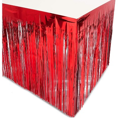 Sparkle and Bash 3-Pack Metallic Red Foil Fringe Table Skirt, Disposable Plastic Tinsel, 4th of July Independence Day
