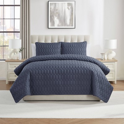 Vcny 3pc Full/queen Diamond Pinsonic Quilt Set Blue: Hypoallergenic ...