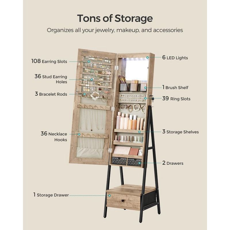 SONGMICS LED Jewelry Cabinet Standing Lockable Jewelry Armoire with Full-Length Mirror Jewelry Organizer Box, 5 of 9