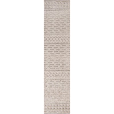 Ivory and Beige Geometric Synthetic Indoor/Outdoor Runner Rug