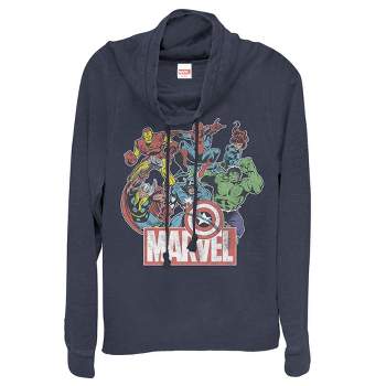 Juniors Womens Marvel Classic Hero Collage Cowl Neck Sweatshirt