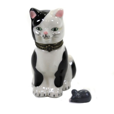 Hinged Trinket Box 3.0" Black And White Cat Hinged Box Kitty Green Eyes  -  Decorative Figurines