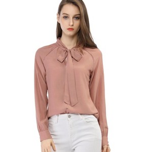 Allegra K Women's Work Office Long Sleeve Button Decor Elegant Bow Tie Neck Blouse - 1 of 4