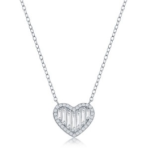 Bella Silver Sterling Silver Round and Baguette CZ Heart Necklace - Silver - 16+2 Inch - 1 of 2