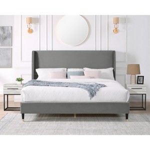 Roundhill Furniture Arles 3-Piece Upholstered Bedroom Set, Wingback Platform Bed with Two Nightstands - 1 of 4