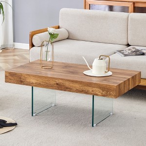 Modern Coffee Table Center Table Sofa Table Side Table Cocktail Table with Tempered Glass Legs, Rectangle/Square, Walnut/Natural-ModernLuxe - 1 of 4