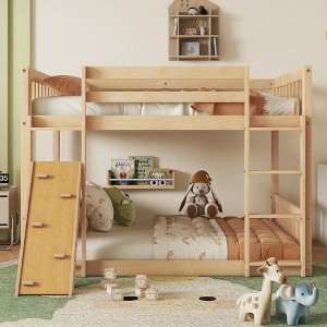 PAGED Twin Over Twin Floor Loft and Bunk Bed, Playhouse Floor Bunk Bed with Climbing Ramp, Ladder, Safety Guardrails, White - 1 of 4