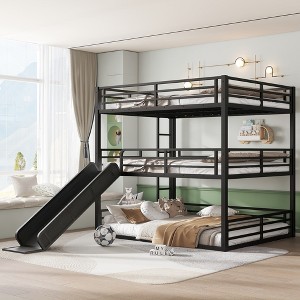 TIRAMISUBEST Twin/Twin/Full, Full/Full/Full, Queen/Queen/Queen, 3 Sizes Metal Triple Bunk Bed Frame with Slide & Ladder - 1 of 4