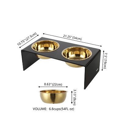 Keaton 7.5" Black and Gold Modern Elevated Pet Feeder with Stainless Steel Bowls