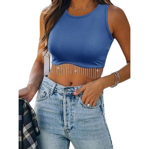 Nlife Womens Western Sparkly Fringe Sleeveless Crop Tops Cowgirl Going Out Cropped Tank Tops with Glitter Tassel - 1 of 4