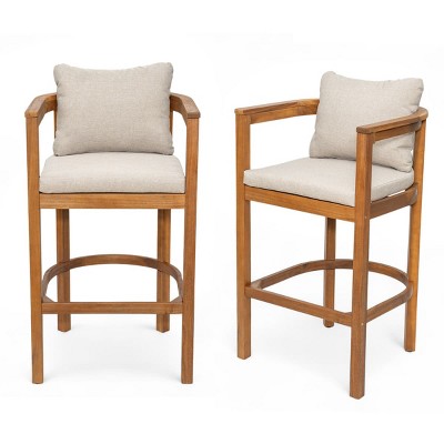 Set of 2 Outdoor Wooden Bar Stools with Armrests and Backrests, Light Natural Frame and Cushions, Patio Chairs for Balcony or Garden-The Pop Home